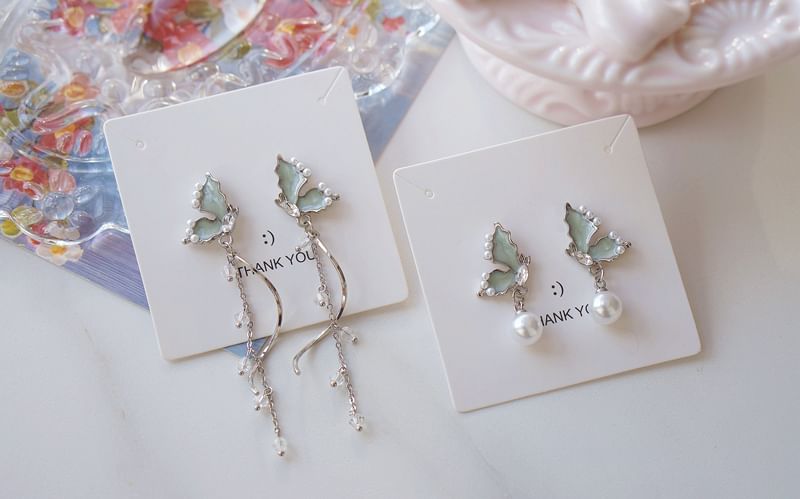 Drop Pearl Faux Rhinestone Butterfly Earring