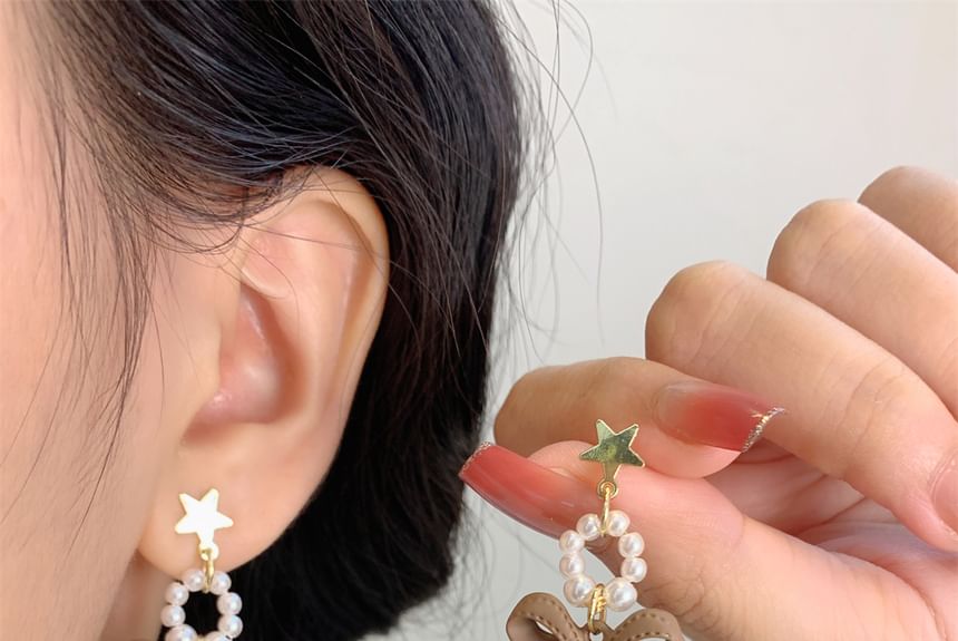 Bow Earring Clip-On Pom Pearl / Faux Drop