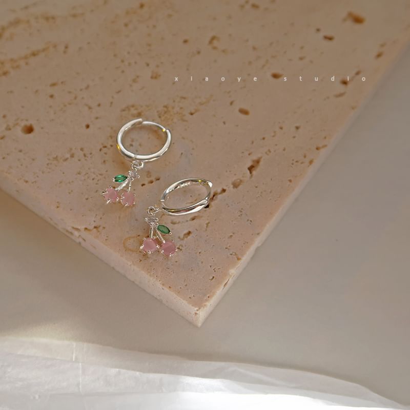 Earring Rhinestone Drop Sterling Hoop Silver Cherry 925