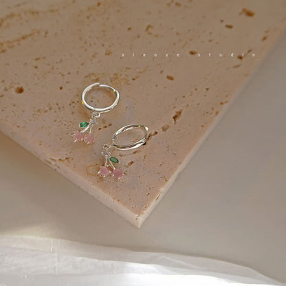 Earring Rhinestone Drop Sterling Hoop Silver Cherry 925