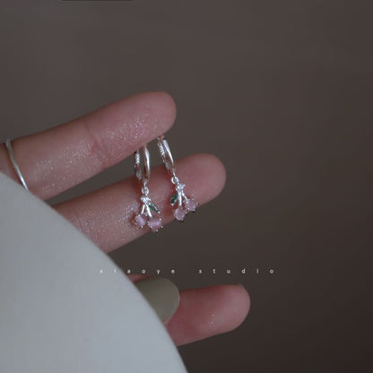 Earring Rhinestone Drop Sterling Hoop Silver Cherry 925