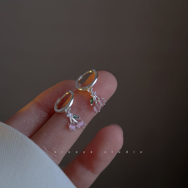 Earring Rhinestone Drop Sterling Hoop Silver Cherry 925