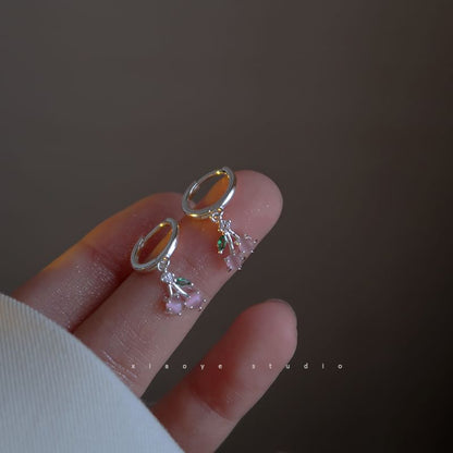 Earring Rhinestone Drop Sterling Hoop Silver Cherry 925