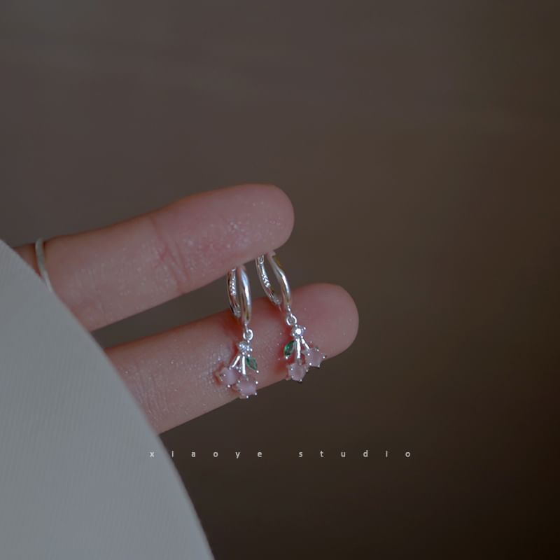 Earring Rhinestone Drop Sterling Hoop Silver Cherry 925