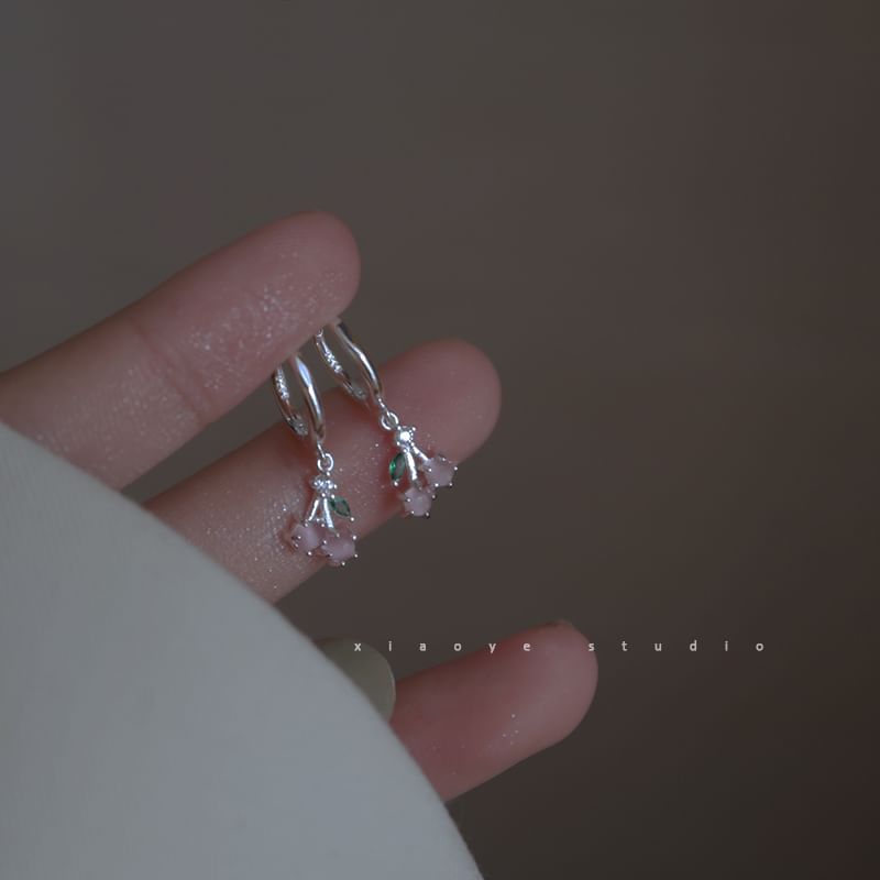 Earring Rhinestone Drop Sterling Hoop Silver Cherry 925