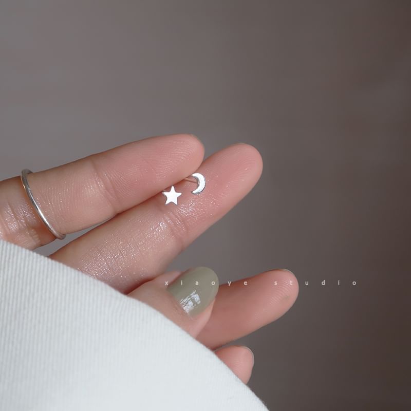 Silver Earring Star 925 Sterling Stud Crescent Asymmetrical