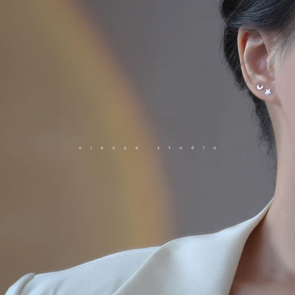 Silver Earring Star 925 Sterling Stud Crescent Asymmetrical