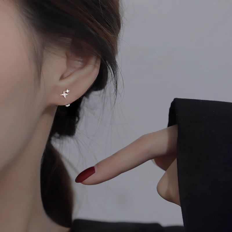 Earring Silver Barbell Star Rhinestone Sterling 925