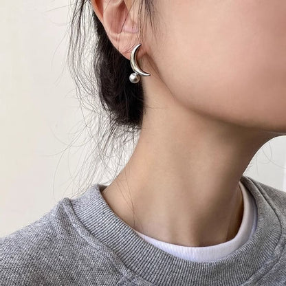 Silver Earring Pearl 925 Sterling Faux Stud Crescent