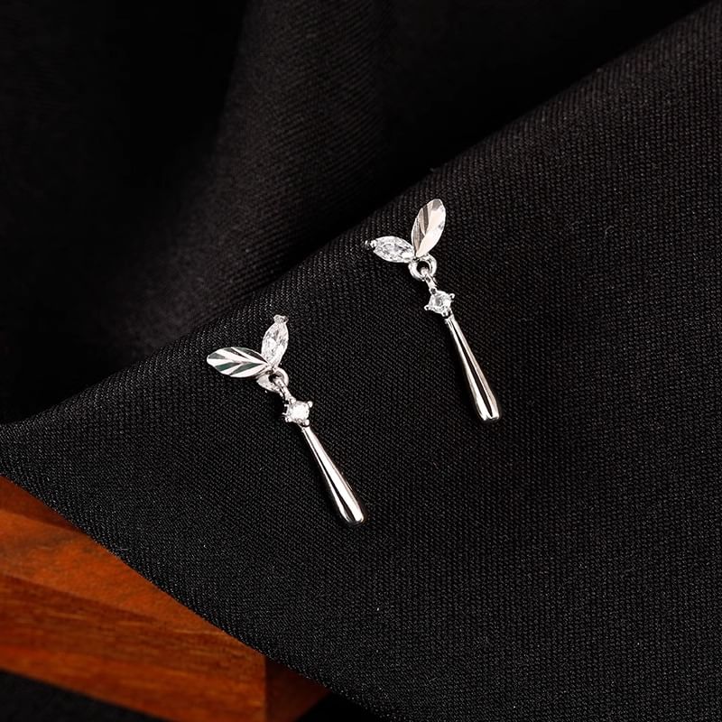 Earring Rhinestone Drop Leaf Silver Sterling 925