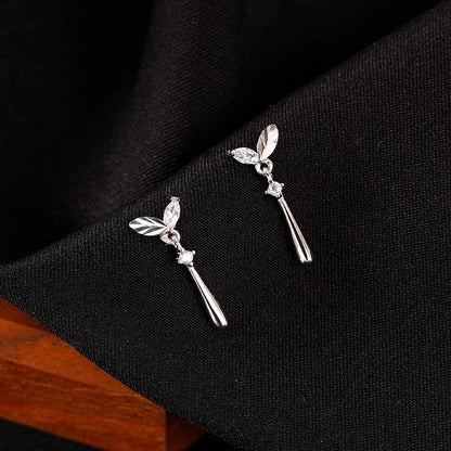Earring Rhinestone Drop Leaf Silver Sterling 925