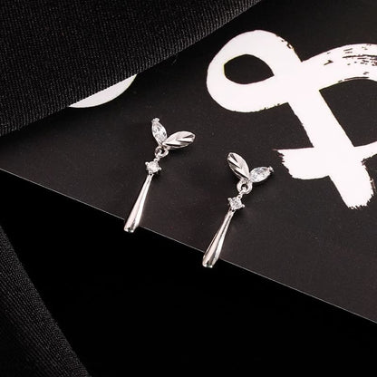 Earring Rhinestone Drop Leaf Silver Sterling 925