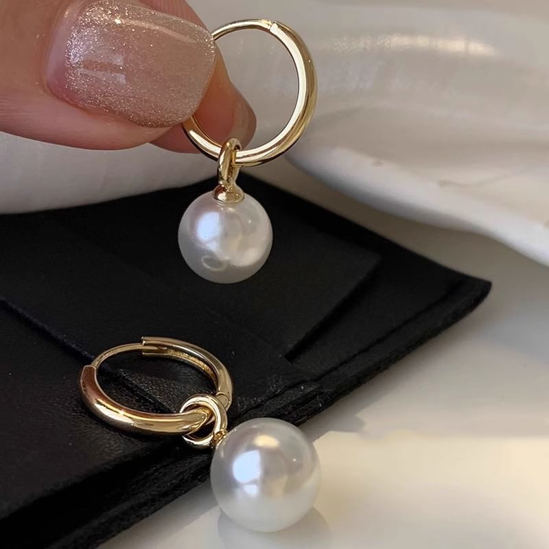 Drop Earring Hoop Pearl Sterling 925 Silver Faux