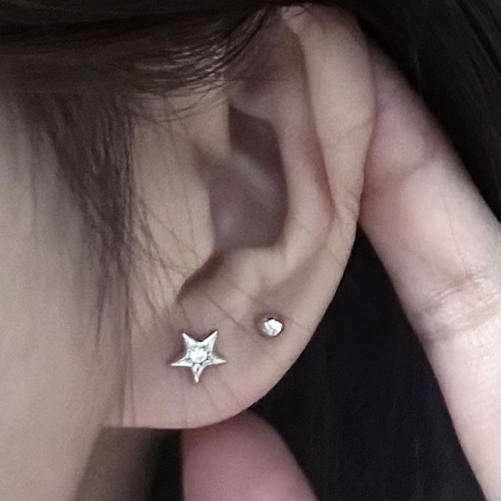 Moon Asymmetrical S999 Rhinestone Earring Stud Silver Star