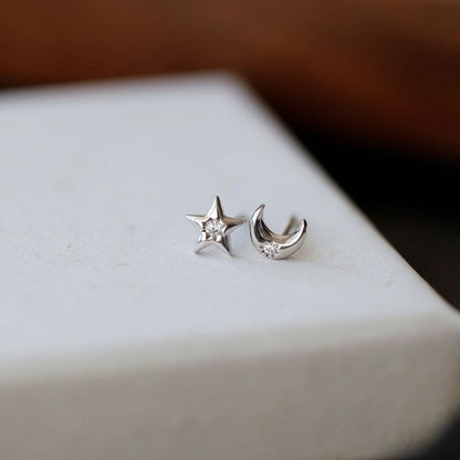 Moon Asymmetrical S999 Rhinestone Earring Stud Silver Star