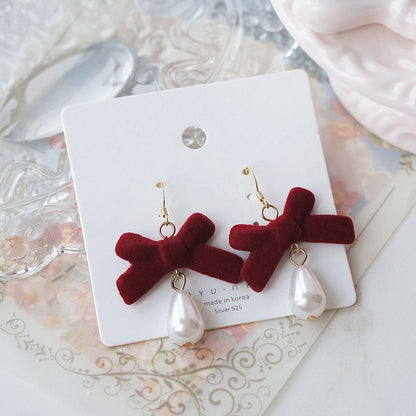 Hook / Drop Bow Pearl Clip-On Faux Earring