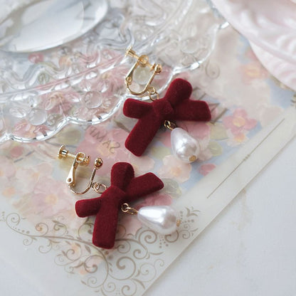Hook / Drop Bow Pearl Clip-On Faux Earring
