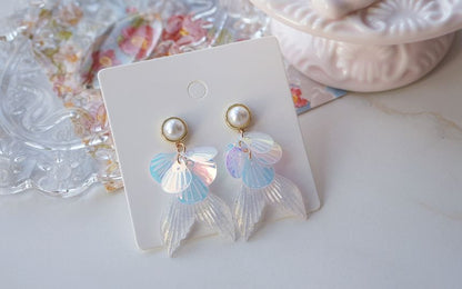 / Faux Mermaid Tail Earring Pearl Drop Clip-On