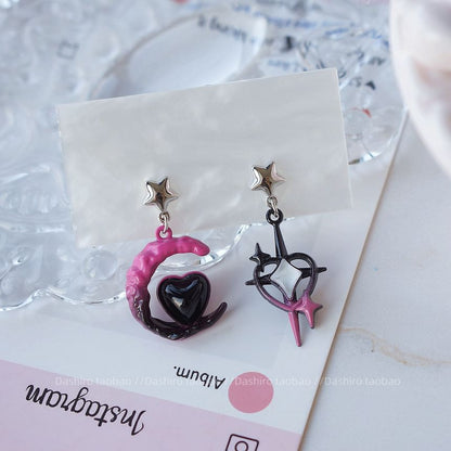 Drop Earring / Asymmetrical Clip-On Star Moon