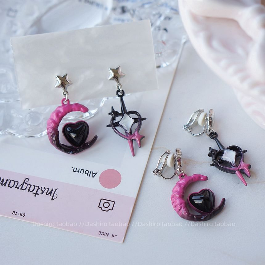 Drop Earring / Asymmetrical Clip-On Star Moon
