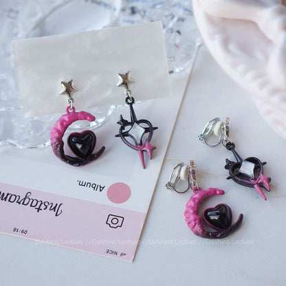 Drop Earring / Asymmetrical Clip-On Star Moon