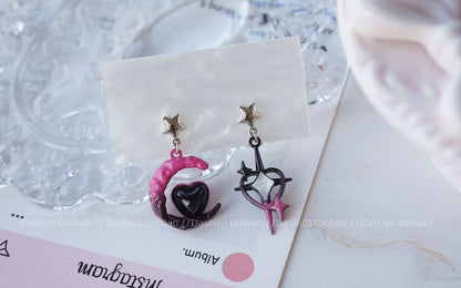 Drop Earring / Asymmetrical Clip-On Star Moon