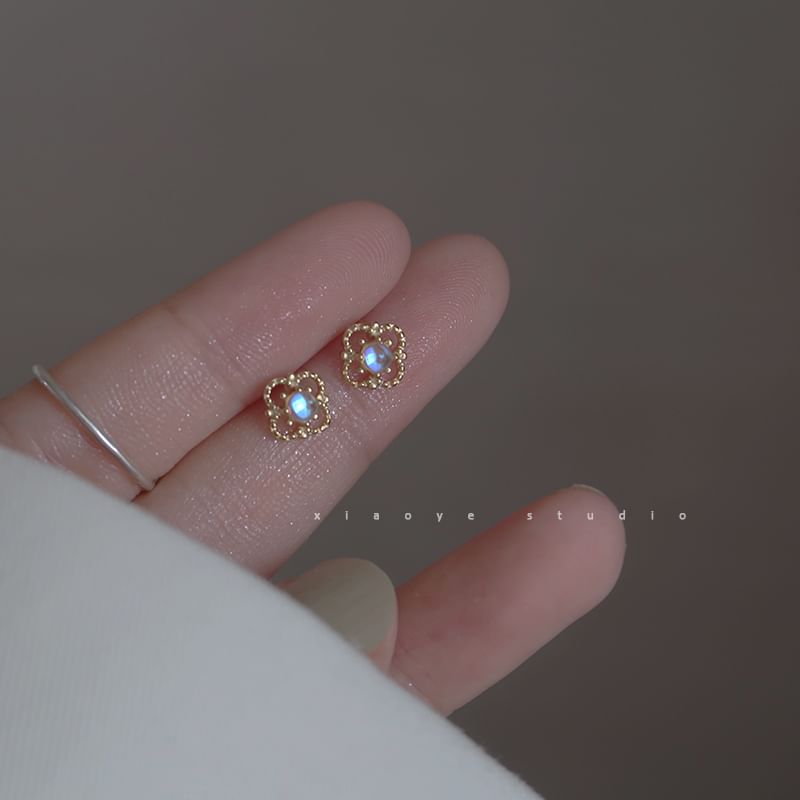 Sterling Earring Silver Stud Clover S925 Rhinestone