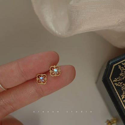 Sterling Earring Silver Stud Clover S925 Rhinestone