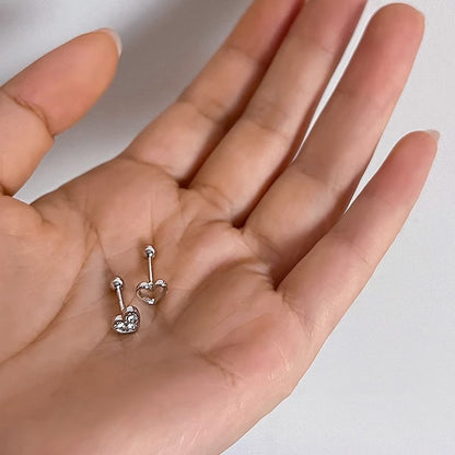 Heart Earring Rhinestone Asymmetrical Alloy Barbell