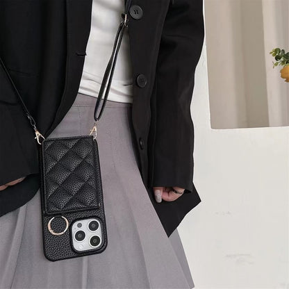 Faux Leather Phone Card Holder Lanyard Case with