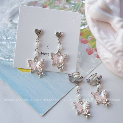 Drop / On Clip Earring Butterfly Rhinestone