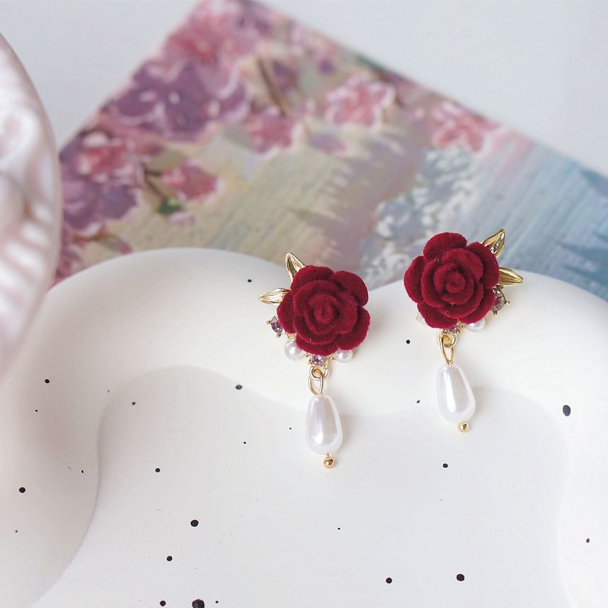 Pearl Faux Rose Earring On Drop Clip /