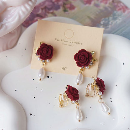 Pearl Faux Rose Earring On Drop Clip /