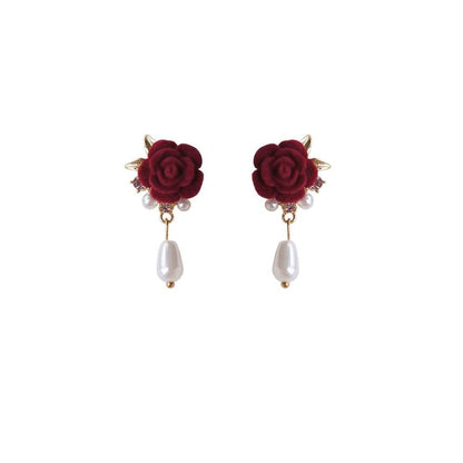 Pearl Faux Rose Earring On Drop Clip /