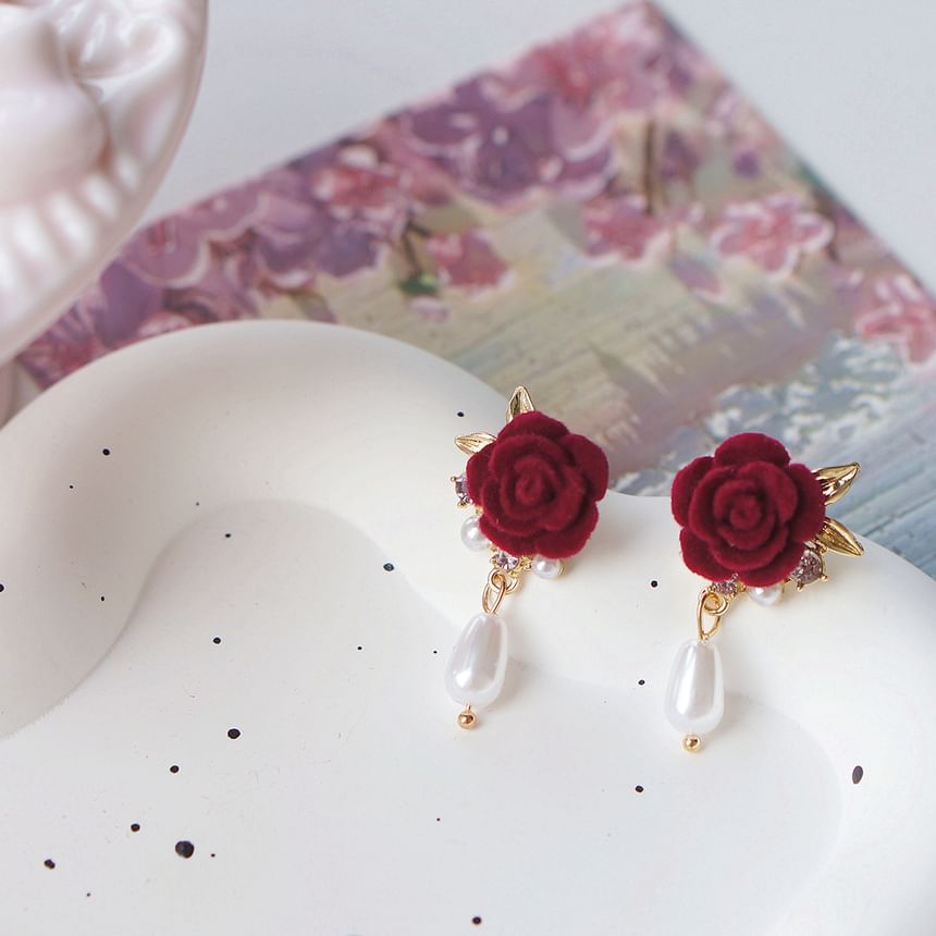 Pearl Faux Rose Earring On Drop Clip /