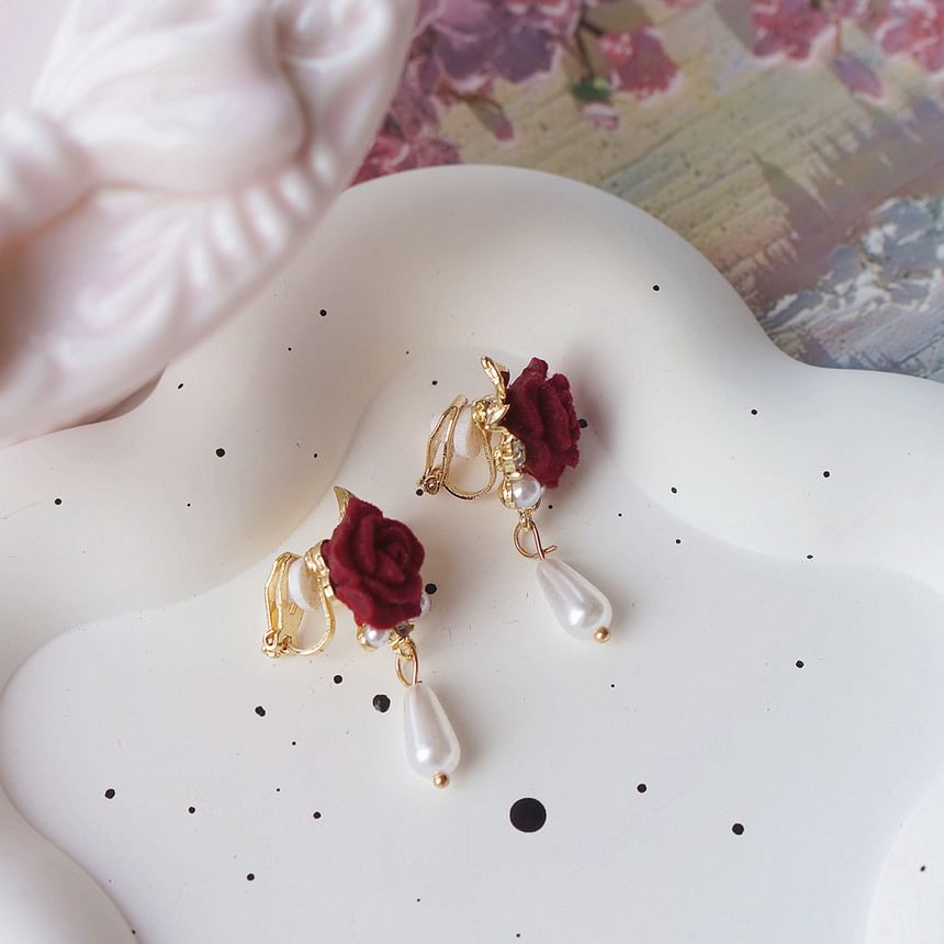 Pearl Faux Rose Earring On Drop Clip /