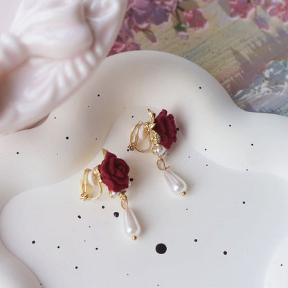 Pearl Faux Rose Earring On Drop Clip /