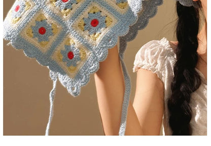 Head Scarf Knit Plaid Floral Triangle