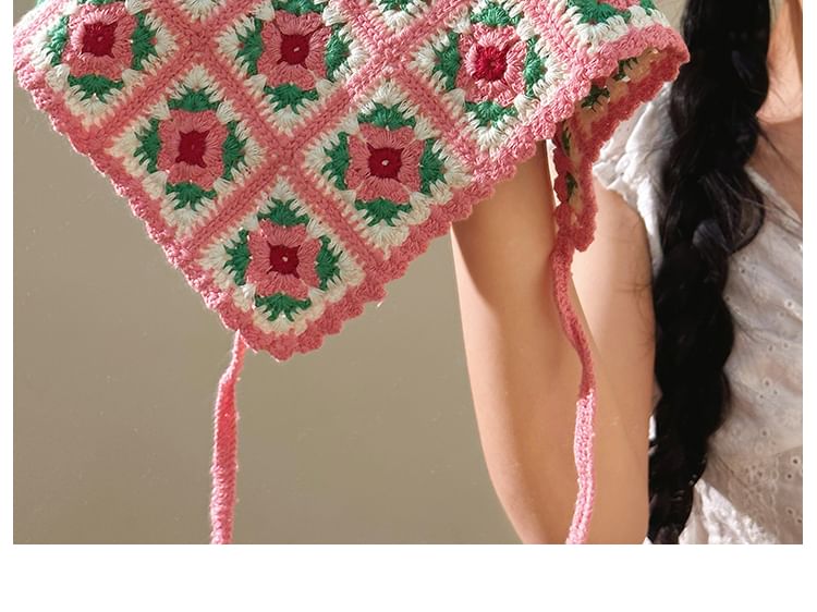 Plaid Scarf Floral Knit Triangle Head