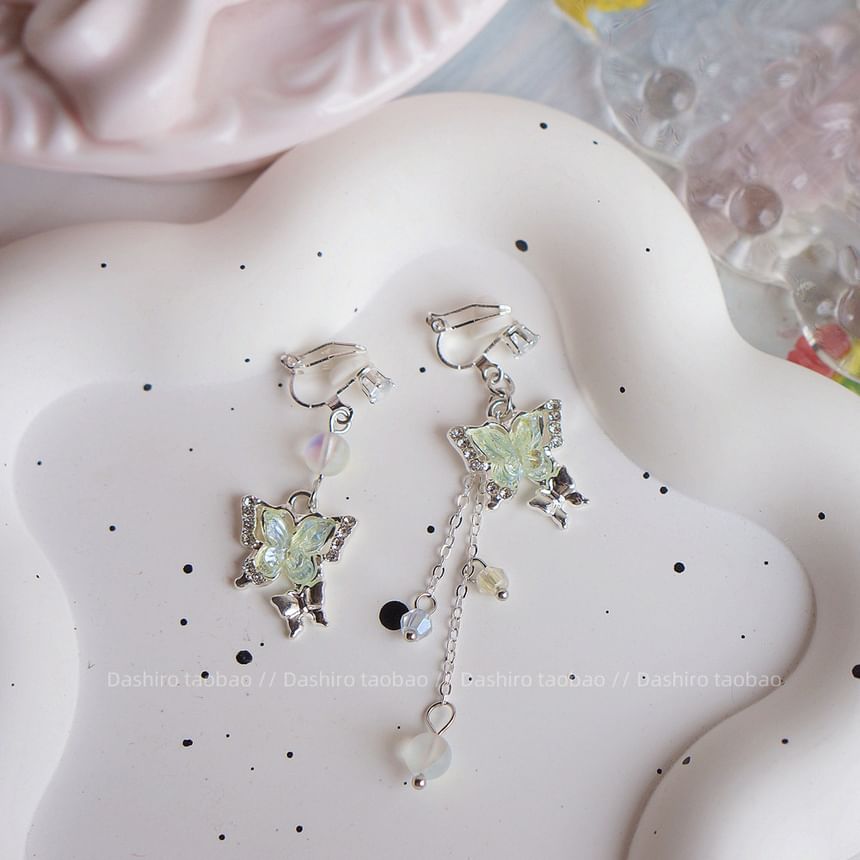 / Clip On Butterfly Dangle Earring Beaded