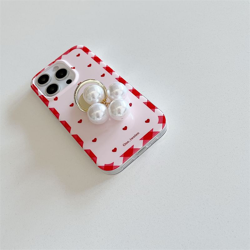 Case Finger Ring / Faux Set Phone Pearl Heart