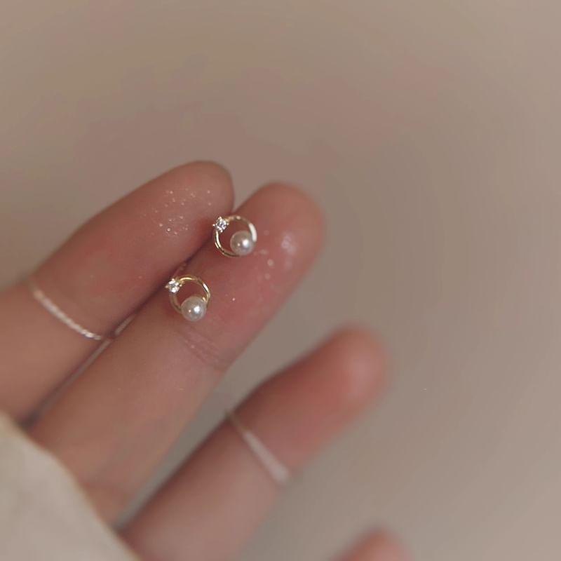 Alloy Stud Rhinestone Pearl Faux Earring