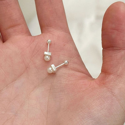 Earring Faux Pearl Barbell Alloy
