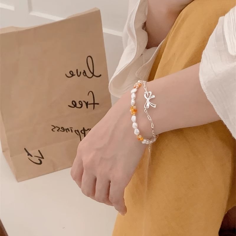 Pearl 925 Natural Silver Bow Beaded / Sterling Bracelet