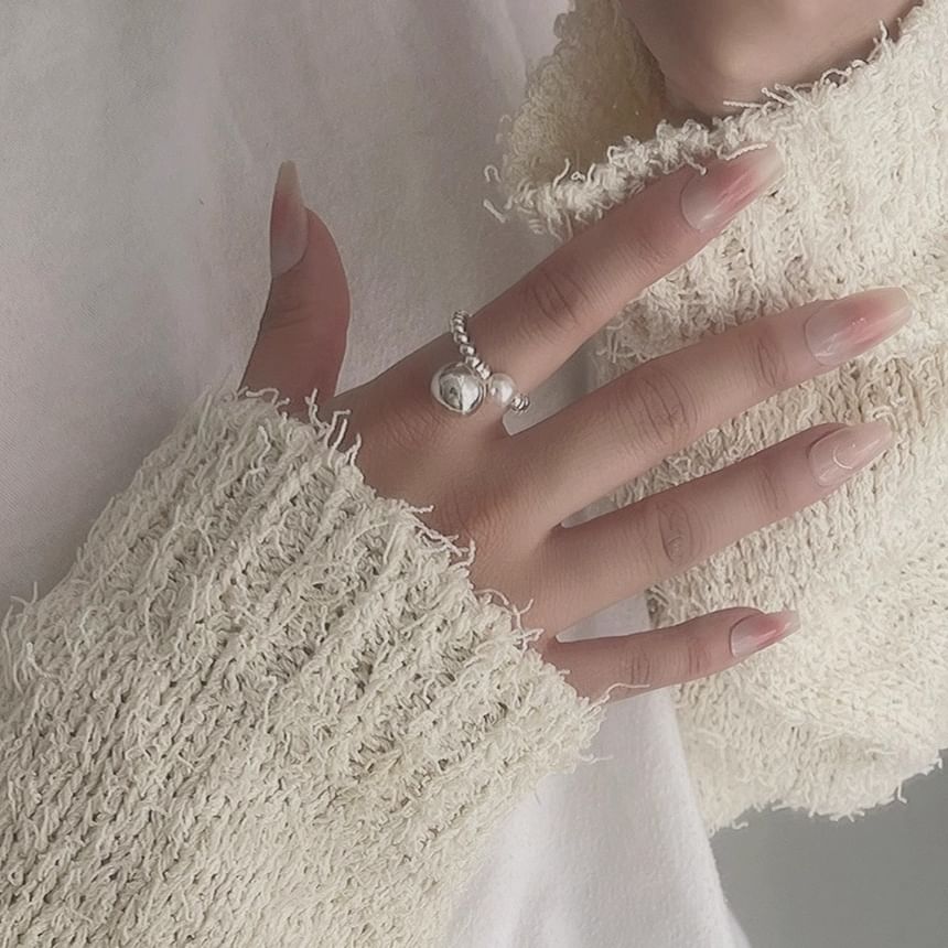 Beaded 925 Sterling Elastic Pearl Ring Silver Faux
