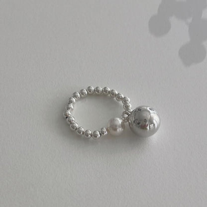 Beaded 925 Sterling Elastic Pearl Ring Silver Faux