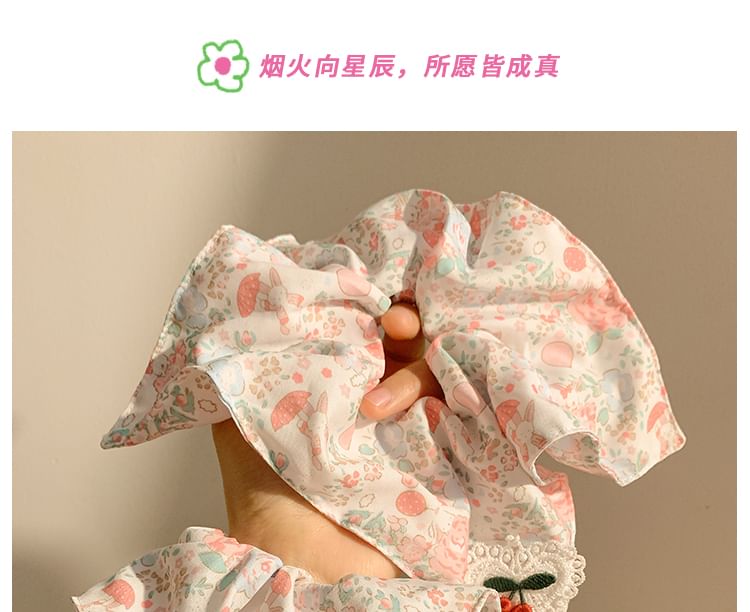 Square Print Cherry Applique Scrunchie Floral