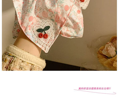 Square Print Cherry Applique Scrunchie Floral