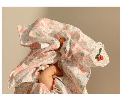 Square Print Cherry Applique Scrunchie Floral