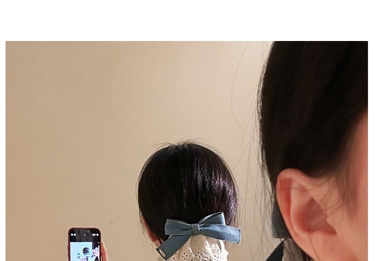 Denim Panel Ruffle Hair Bow Clip